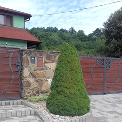 Handgeschmiedetes Tor und Pforte mit Holzfllung als Zugang zu einem Einfamilienhaus