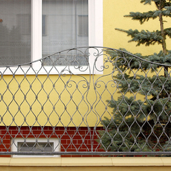 Schmiedeeisernes Tor mit feinen Details – moderner, geschmiedeter Zaun an einem Einfamilienhaus